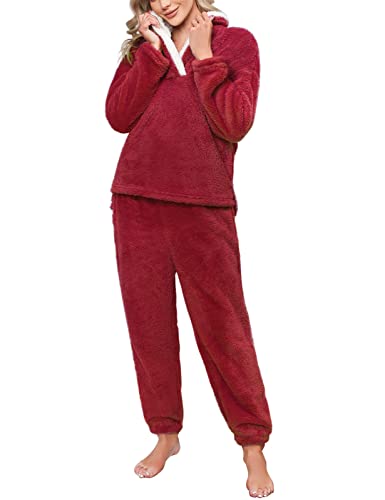 RITOSTA Pijama Invierno Mujer Pijama Mujer Invierno Polar Conjunto de Pijama para Mujer Invierno 2 Piezas Pijama Mujer Algodón Invierno Manga Larga Calentito Polar（Rojo,XL）