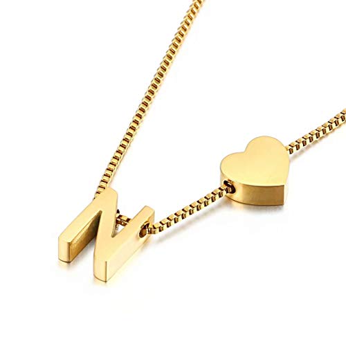Qings Collar con Colgante de Amor Chapado en Oro Letra N Alfabeto de Moda de corazón Exquisito A-Z como Regalo de cumpleaños para Mujeres y niñas