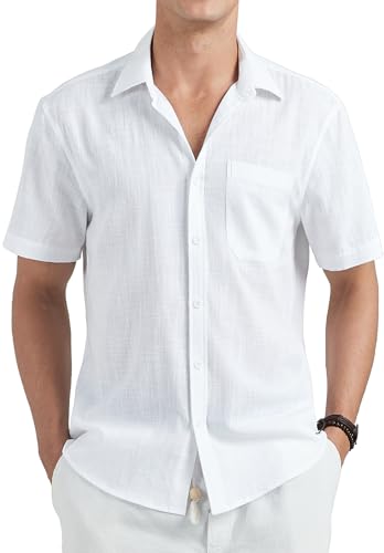 HISDERN Camisa Lino Blanco Hombre Manga Corta Color Sólido Shirts Casual Algodón Camisetas Elegante Coton Camisas con Botónes para Playa Regular Fit L