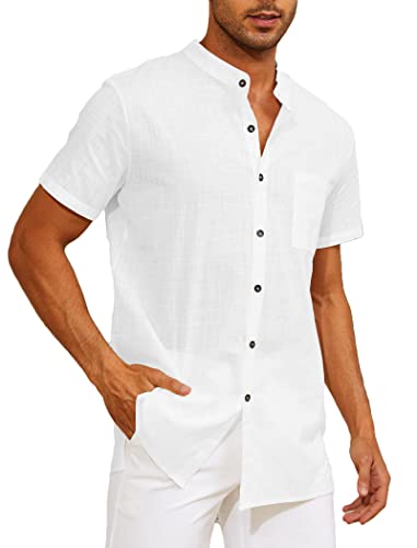 CheChury Camisa de Lino Manga Corta para Hombre Camisas Informales de Verano Camisa Suelta de Ocio de Color Sólido con Botónes Top con Bolsillo Top Camisa de Verano Camisa Hawaiana Estilo Casual