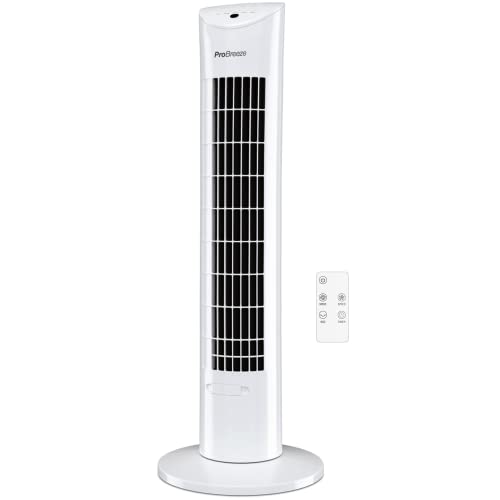 Pro Breeze Ventilador Torre 76cm 60W con Temporizador y Cajón de Aromas. Potente Brisa, 3 Modos y Oscilación 70° - Ventilador silencioso con mando a distancia – Ventilador portátil - Blanco