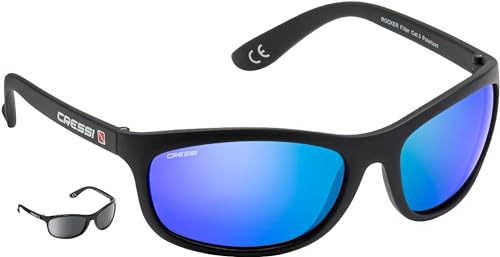 CRESSI Rocker Floating Sunglasses Gafas de Sol Deportivas Flotantes con Estuche Rígido, Unisex Adulto, Negro/Lentes Espejadas Azul, Talla Única