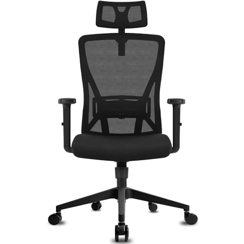 Durrafy Silla Oficina Ergonómica, Silla de Escritorio con Reposacabezas Ajustable, Reposabrazos, Soporte Lumbar, Altura Regulable y Oscilación de 90°-120°, Silla Giratoria Capacidad de Peso 150kg