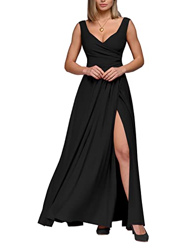 BUOYDM Mujer Vestidos de Fiesta Largos Cuello en V sin Mangas Abertura Elástico Elegantes Negro XL