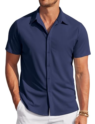 COOFANDY Camisas de Manga Corta para Hombre Traje Informal de Verano Camisas Informales con Botones Camisas de Ajuste Regular Hombres Verano Azul Marino L