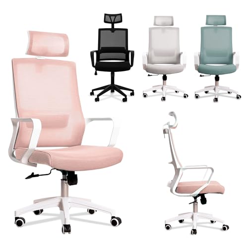 JUPPLIES Silla Escritorio Ergonomica - Silla Oficina Ajustable y Reclinable con Soporte Lumbar, Reposacabezas Ajustable, Malla Transpirable, Ruedas Giratorias 360° Soporta hasta 100kg (Rosa)