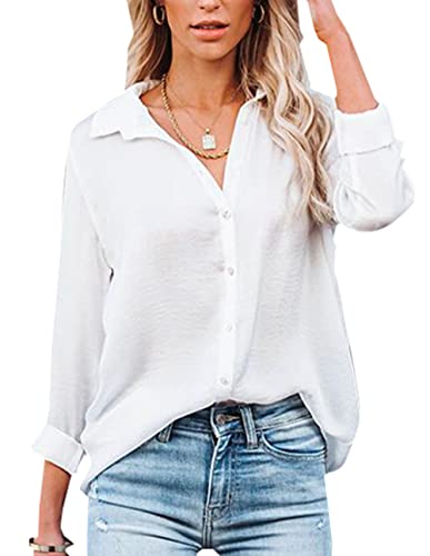 NONSAR Blusa para mujer de manga larga y, cuello de pico, con botones, elegante, informal, para trabajo, camisa de manga larga, Blanco, XXL