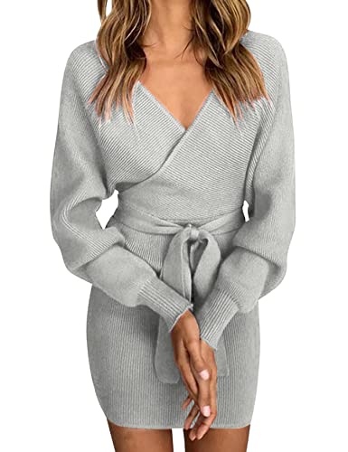 Vancavoo Vestido de Punto para Mujer Vestido de Manga Larga con Cuello en V Vestido Corto de Suéter sin Espalda Jersey de Punto con Cinturón Elegante para Otoño Invierno(Grey,S)