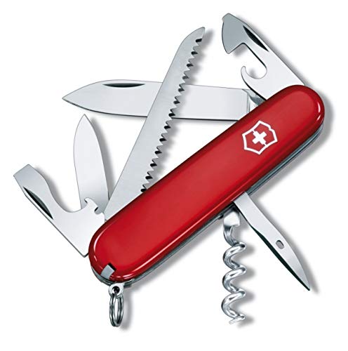 Victorinox Camper, Swiss Army Knife, Navaja suiza multiusos con 13 funciones, incluyendo sierra para madera y sacacorchos, de color rojo con blíster