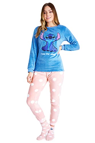 Disney Pijama Mujer Invierno de Polar con Calcetines Stitch Mickey Minnie Baby Yoda (Azul/Rosa Stitch, M)