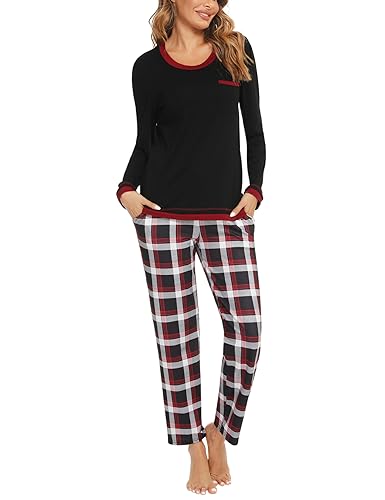Marvmys Pijamas Mujer Invierno Algodon Pijamas Mujer Manga Larga Tallas Grandes Ropa de Dormir Conjunto de Pijama de 2 Piezas Tops y Pantalones de Lunares, Negro, L
