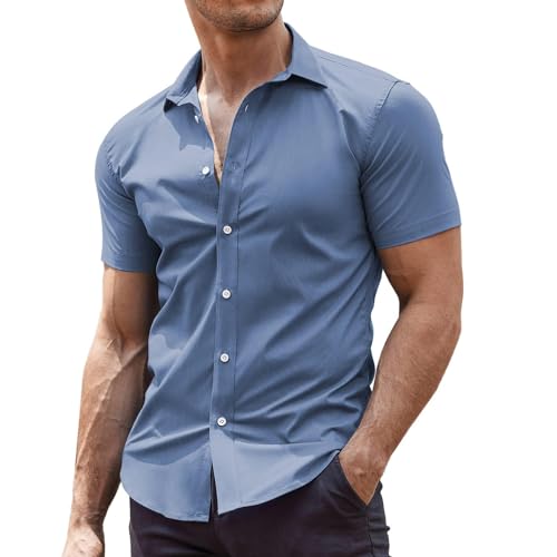 COOFANDY Camisa de manga corta para hombre, camisas de vestir de verano elásticas para negocios, informales, sin planchado, ajuste regular, camisas formales XS-4XL, azul vaquero, S