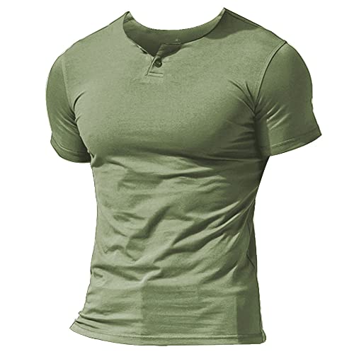 Hombres Casual Manga Corta Camiseta Soltero Botón Abertura Llano v Cuello Camisas Algodón Style A Verde 2XL