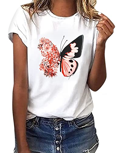 heekpek Camiseta Manga Corta Mujer Blanca Basicas T-Shirt Mujer Algodon Casual Cuello Redondo Camiseta de Verano con Estampado, Mariposa, M