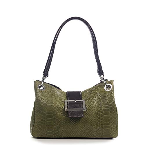 Firenze Artegiani. Anzio Bolso de hombro Mujer.Piel auténtica Gamuza Grabado Serpiente 28x12x17 cm. Color: Verde Oliva