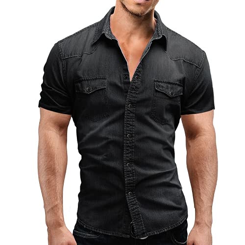 Camisa de mezclilla fina para hombre, manga corta, algodón suave, dos bolsillos, delgada, ligera, elástica, vaquera