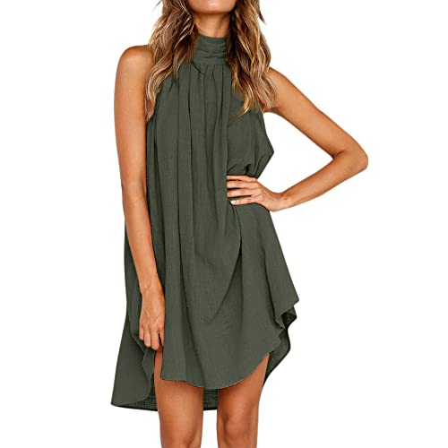 QKEPCY Vestido Elegante Mujer Vestido Sin Mangas Vestido Corta Casual Gasa Top Cuello Redondo Blusa Informal Casual Dress (Verde L)