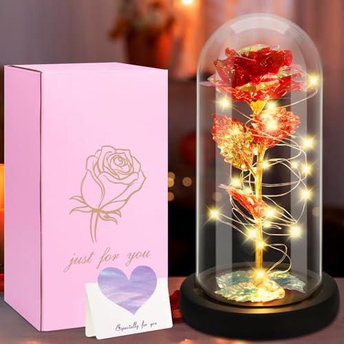 JAMATA Rosa Eterna Bella y Bestia con LED, San Valentín,Día de la Madre, Aniversarios y Cumpleaños,Elegante Flor en Cúpula de Cristal y Base de Pino,22cm, Iluminación Romántica