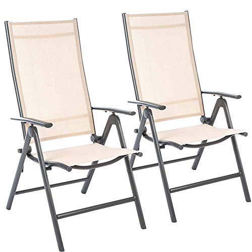Bakaji - Juego de 2 sillas plegables con estructura de aluminio, respaldo reclinable con reposabrazos y revestimiento de textileno para camping, playa, jardín, beige