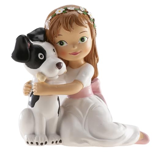 Dekora - Figura Decorativa para Tartas de Comunión: Niña Sentada con Perro 11,5cm - Adorno de Resina Resistente y Seguro para Alimentos - Perfecto para Celebraciones y Fiestas de Comunión