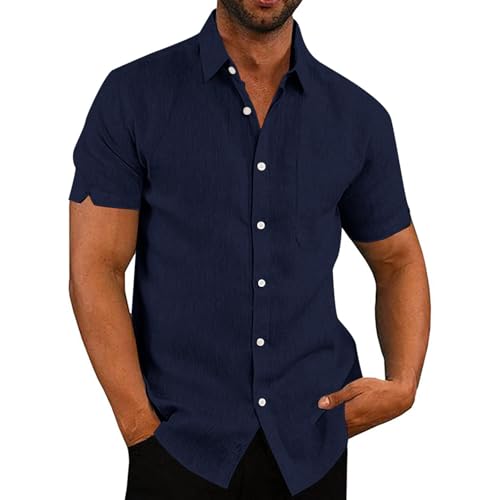 VANVENE Camisas de lino para hombre, de algodón, de manga corta, ajuste regular, camisas casuales de verano, azul marino, M