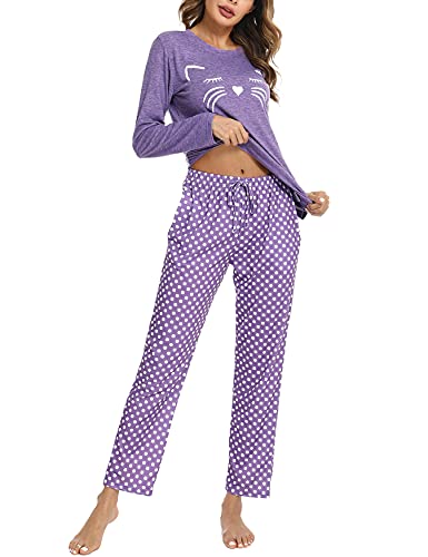 Uniexcosm Pijamas Mujer, Pijamas Mujer Gato Pijamas para Mujer Algodon de Manga Larga Ropa de Casa Dormir Estampado en Cuello Redondo Pijama Mujer 2 Piezas Suave para Casual A:Púrpura XL