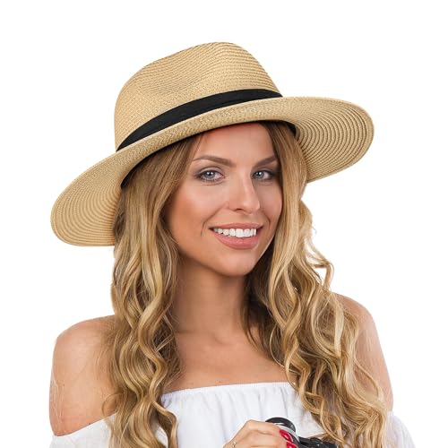AN HUI MIN Sombrero de Panamá Unisex Ajustable, Sombrero Paja Hombre, Sombrero Playa Mujer Verano, Sombrero de ala Ancha UPF 50+ para Vacaciones (Caqui)