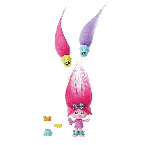 Mattel Trolls 3 Todos Juntos Hair Pops Poppy Muñeca pequeña con ropa intercambiable inspirada en la película, 3 accesorios sorpresa, juguete +3 años (HNF10)