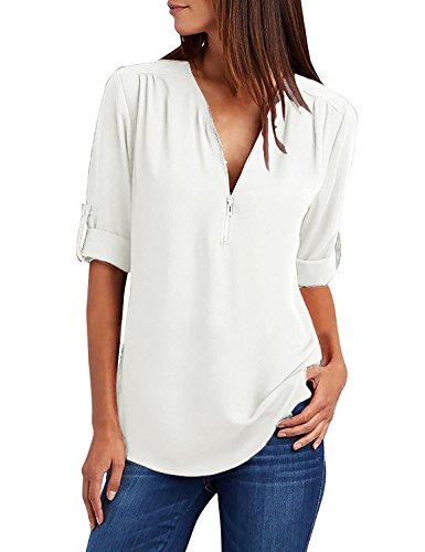 Yuson Girl Camisas Mujer Nuevo Blusas para Mujer Vaquera Sexy Gasa Tops Camisetas Mujer Cremallera Manga Corta Blusas(Blanco, M)