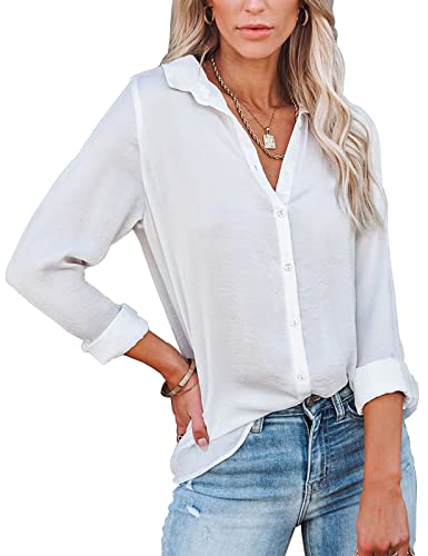 Yuson Girl Camisa Mujer Blusa Elegante de Manga Larga con Cuello en V Informal Tops Casual Blusas y Camisas Suelto Shirt mit Botones(Blanco, L)