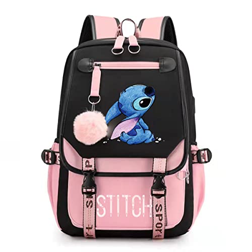 Mochila escolar, Mochilas Chica, Mochila para el Colegio, para Mujeres y Niñas, USB, De Gran Capacidad, informal, de Stitch, Rosa, multicolor, 46*29*16cm