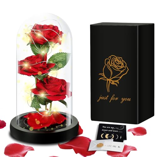 TAVADA Rosa Eterna,Kit de Rosas,Elegante Cúpula de Cristal con Base Pino Luces LED y 1 Tarjeta de Felicitación,Beauty and Regalos Magicos Decoración para Día de San Valentín Aniversario Bodas