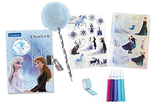 Lexibook Frozen 2 Electrónico Diario Secreto con Accesorios, Efectos de luz, candado y Llave, Pegatinas, bolígrafo con Borla, Azul/Violeta, Dibujo Animado, Color