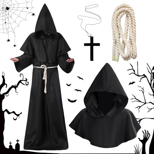 Vautvis Disfraz De Monje Sacerdote Túnica Medieval Traje Medieval Hombre Con Cruz, Túnica Sacerdote De Halloween, Túnica Medieval Renacentista Para Adulto Halloween Carnaval (M)