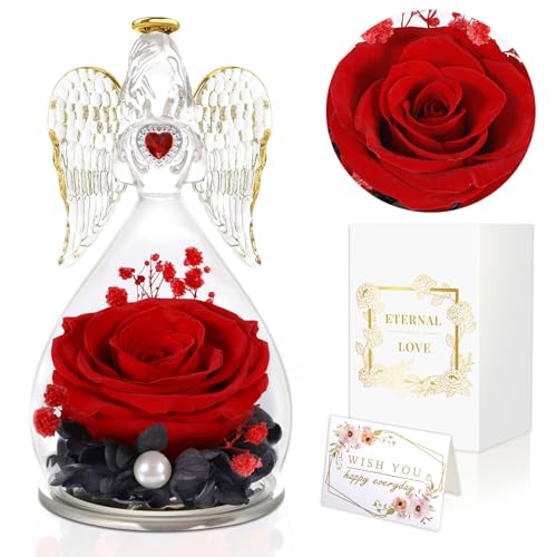 GUHAOOL Ángel Rosa Eterna, Flores Eternas con Figura Ángel,Rosa Eterna Natural Preservada en Cupula de Cristal,Ángel de Cristal con Flores Eternas,Regalo San Valentin Mujer,Rosa Regalo Dia de la Madre