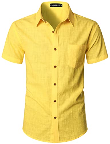 PARKLEES Camisas ajustadas de algodón y lino casual de manga corta con botones para hombre, camisetas de playa ligeras con bolsillo, Amarillo Brignt, M