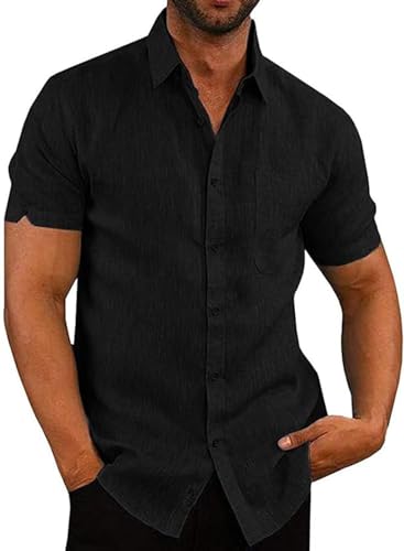 Friptspyg Hombre Camisa de Algodón y Lino para Manga Corta Ajuste Regular Casual de Playa con Bolsillo Camisa de Verano, Negro XL