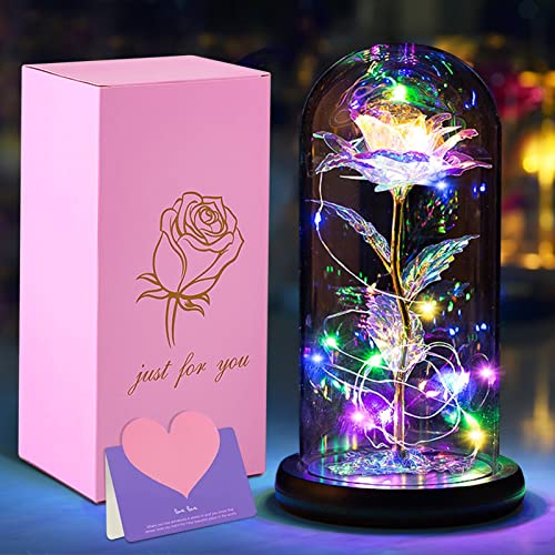 Kit de Rosas,La Bella y La Bestia Color Encantada,Elegante Cúpula de Cristal con Base Pino Luces LED,Día de la Madre Mujer Novia Cumpleaños Día de San Valentín Boda Dia de la Mujer