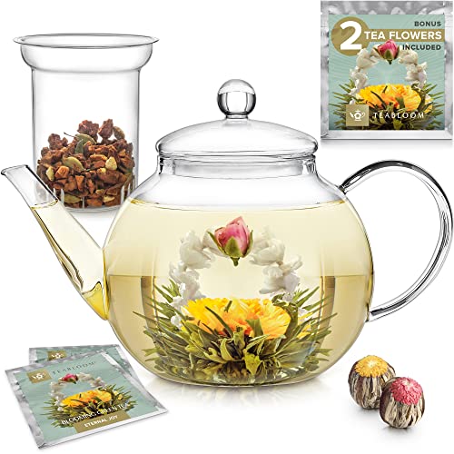 Teabloom Tetera de Cristal Modelo Celevration con Infusor Extraíble – Segura para Hornillo y Microondas - Tetera para Té de Hojas (1.2 L) - Incluye 2 Flores de Té