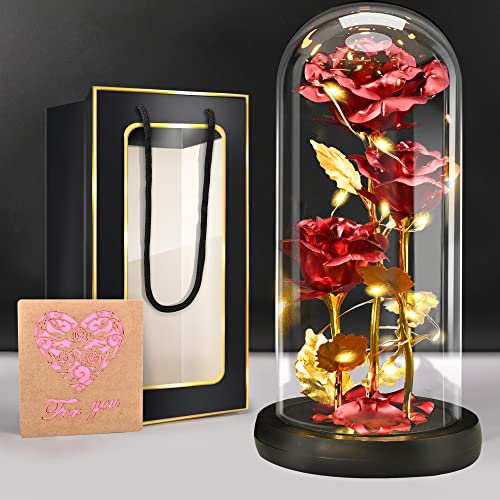 BoriYa Regalo Originales para Mujer -Rosa Eterna en Cupula de Cristal,Rose Bella y Bestia Preservada en Vidrio,Flor Eternas Rosas con LED,Ideas Regalos Mujer de Cumpleaños,San Valentin,Día de la Madre