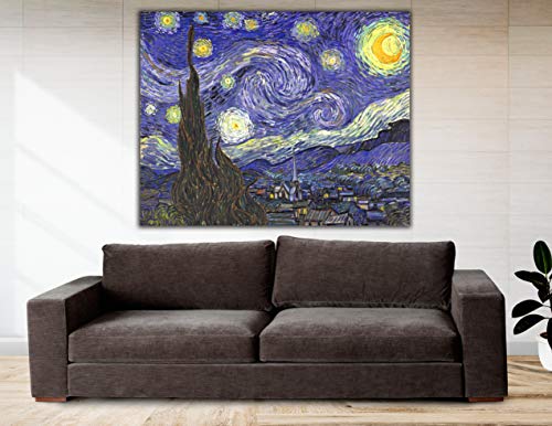Cuadro Lienzo La Noche Estrellada de Vicent Van Gogh - 60x47 cm - Lienzo de Tela Bastidor de Madera de 3 cm de Grosor - Fabricado en España - Impresión en Alta resolución y Calidad (60, 47)