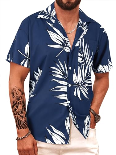 APTRO Camisa Hawaiana Hombre Camisas Hombre Manga Corta de Vacaciones Funky de Aloha Verano Playa Casual Camiseta S-5XL Blatt Azul HW024 L