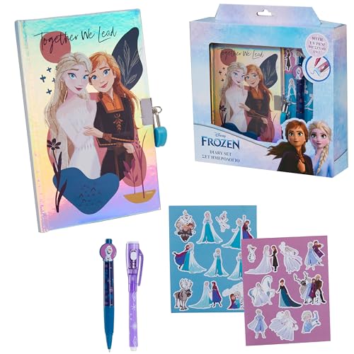 Disney Frozen Diario Secreto Niña - Princesas Disney Diario de Deseos con Candado, Pluma de Tinta Invisible UV y Hojas de Pegatinas - Regalos Navidad (Azul Frozen)