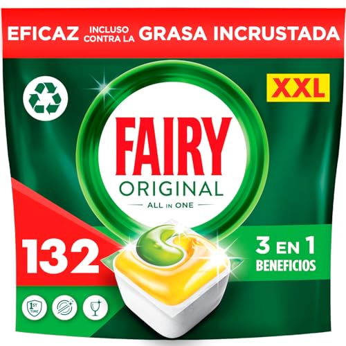 Fairy Original Todo En Uno Pastillas Lavavajillas, 132 Capsulas, Elimina Grasa Reseca, Detergente Lavavajillas con Aroma a Limpio y Fresco