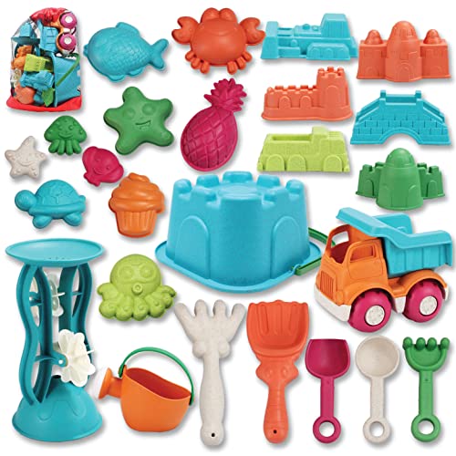 JOYIN - Juego de 25 juguetes para arena de playa, con bolsa de malla que incluye cubo, coche, palas, rastrillos, regadera, moldes para niños, verano, playa, diversión