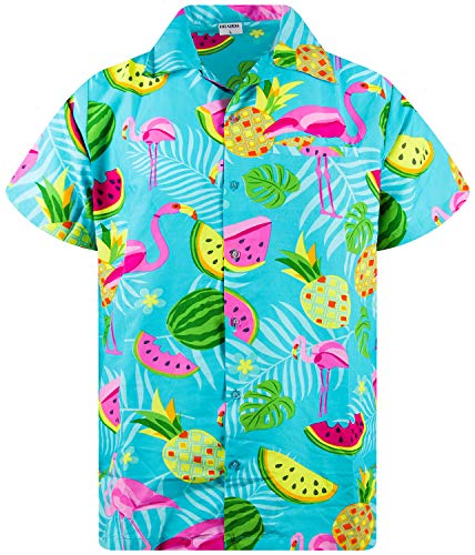 Funky Camisa Hawaiana, Manga Corta, Flamingo Melon, Turquesa, L