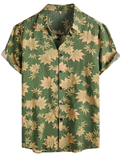 Voqeen Camisas Hawaianas para Hombre, Camisa de Algodón de Manga Corta con Botón Camisetas Informales de Verano con Flores Florales de Aloha para Vacaciones en La Playa Corte Regular