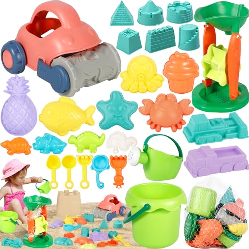 POWLYB 27 Piezas Juguetes de Playa para Niños, Beach Toys, Niños Material Plastico Juguetes Arena y Arena, Cubo Playa Niños con Cubo, Palas, Bolsa de Malla Reutilizable