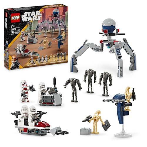 LEGO Star Wars Pack de Combate: Soldado Clon y Droide de Combate con Moto Speeder de Juguete, Figura Tri-Droide y Puesto Defensivo, Regalo para Niños y Niñas de 7 Años o Más 75372
