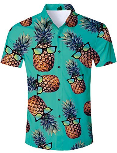 TUONROAD Camisas Manga Corta Hombre 3D Playa Hawaiana Verano Casual Hawaii Shirt, Verde Piña XL